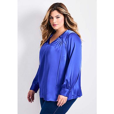 Avenue Women's Plus Size Marlene Tie Front Satin Blouse