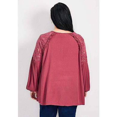 Avenue Women's Plus Size Marcie Lace Yoke Long Sleeve Top
