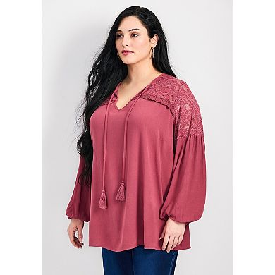 Avenue Women's Plus Size Marcie Lace Yoke Long Sleeve Top