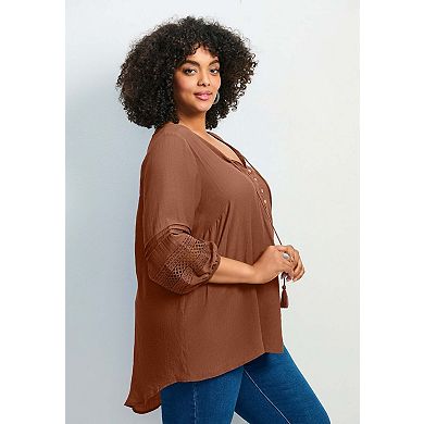 Avenue Women's Plus Size Pintuck Lace Peasant Top