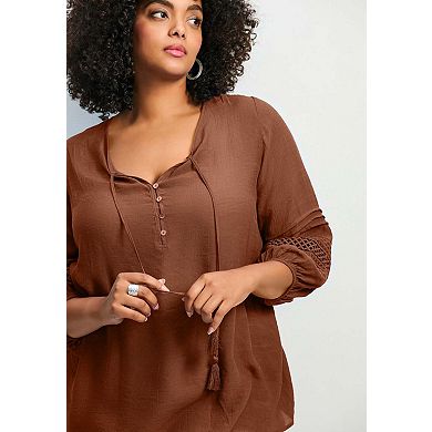 Avenue Women's Plus Size Pintuck Lace Peasant Top