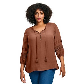 Avenue Women's Plus Size Pintuck Lace Peasant Top