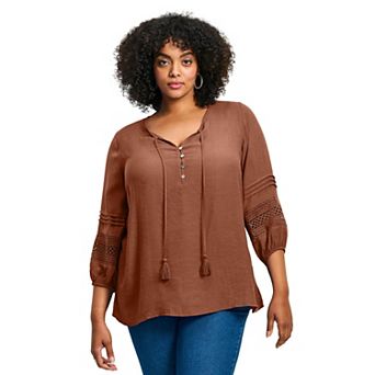 Avenue Women's Plus Size Pintuck Lace Peasant Top
