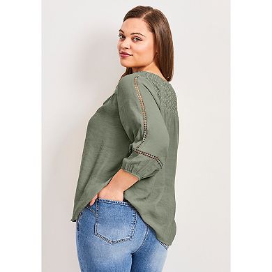 Avenue Women's Plus Size Embroidered Lace Detail Peasant Blouse