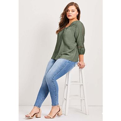 Avenue Women's Plus Size Embroidered Lace Detail Peasant Blouse