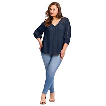 Avenue Women's Plus Size Embroidered Lace Detail Peasant Blouse