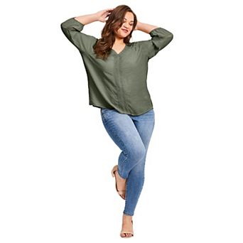 Avenue Women's Plus Size Embroidered Lace Detail Peasant Blouse