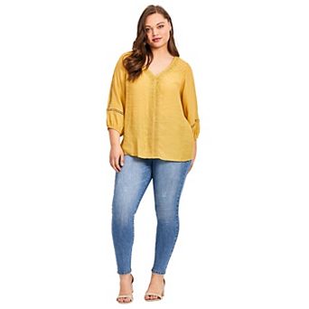 Avenue Women's Plus Size Embroidered Lace Detail Peasant Blouse