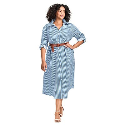 Avenue Women's Plus Size Leona Stripe Shirtdress With Belt - Blue White