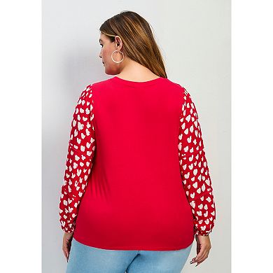 Avenue Women's Plus Size Mix Media Heart Sleeve Top