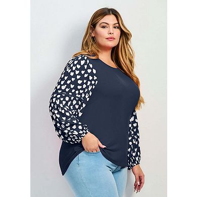 Avenue Women's Plus Size Mix Media Heart Sleeve Top