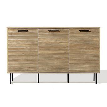 LuxenHome Mid-Century Modern Wave 3-Door 55.1-Inch Wide Kitchen Sideboard Cabinet with Metal Legs