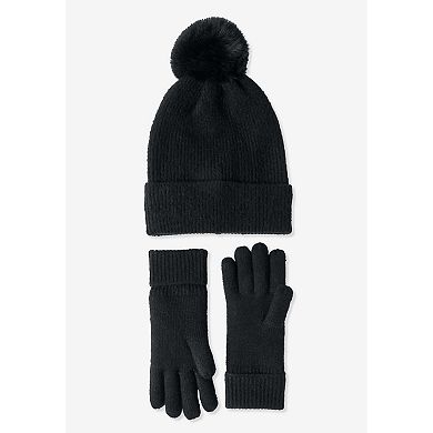 Woman Within Women's Plus Size Faux Fur-lined Beanie Hat And Glove Set