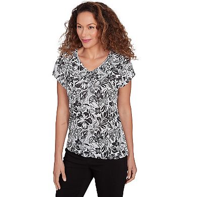 Hearts of Palm Women's In Black & White Floral Print Ruffle Top