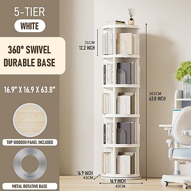 360° Rotating 5-Tier Bookshelf, Space-Saving Organizer for Home, Office, Easy Assembly