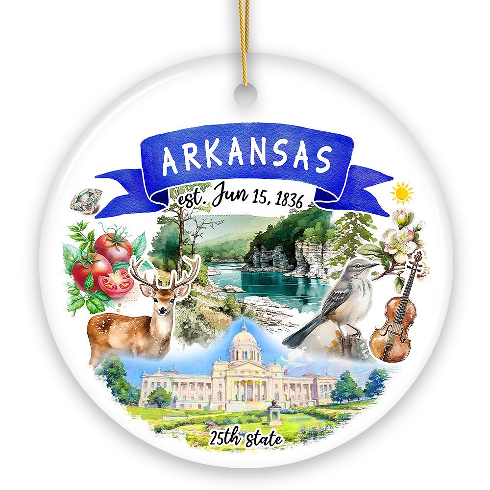 Artistic Arkansas State Themes and Landmarks Christmas Ornament (Version 1)