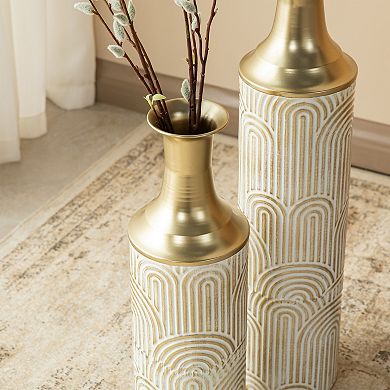 Glitzhome Set of 2 Modern White and Gold Metal Floor Vases