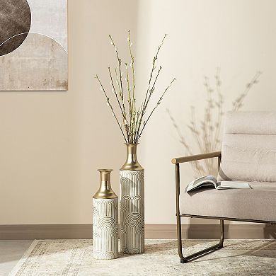 Glitzhome Set of 2 Modern White and Gold Metal Floor Vases