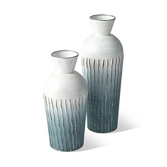Glitzhome Set of 2 Abstract Ombre Aqua Metal Vases