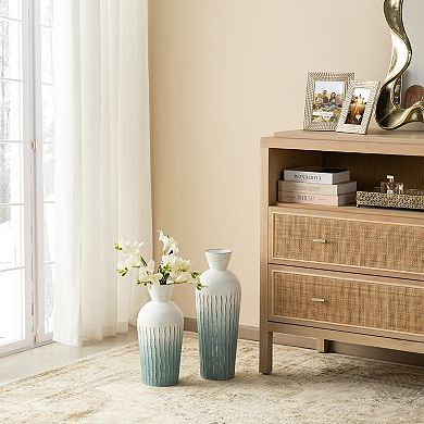 Glitzhome Set of 2 Abstract Ombre Aqua Metal Vases