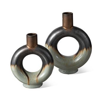 Glitzhome Set of 2 Modern Two-tone Color with Circle Hollow Ceramic Table Vases