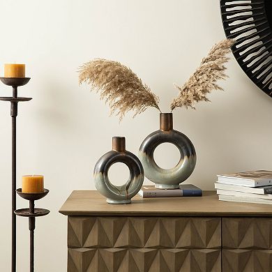 Glitzhome Set of 2 Modern Two-tone Color with Circle Hollow Ceramic Table Vases