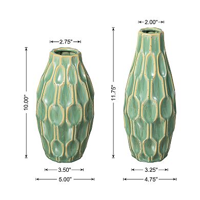 Glitzhome Set of 2 Modern Geometric Green Ceramic Table Vases