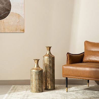 Glitzhome Set of 2 Metal Antique Gold Gingko Floor Vases