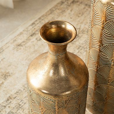 Glitzhome Set of 2 Metal Antique Gold Gingko Floor Vases