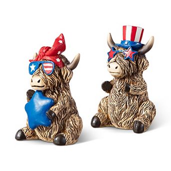 Glitzhome Set of 2 Patriotic Resin Highland Cow Table Decor