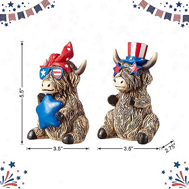 Glitzhome Set of 2 Patriotic Resin Highland Cow Table Decor