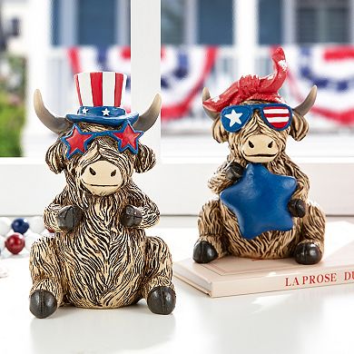 Glitzhome Set of 2 Patriotic Resin Highland Cow Table Decor