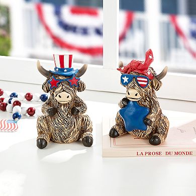 Glitzhome Set of 2 Patriotic Resin Highland Cow Table Decor