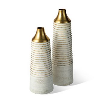 Glitzhome Set of 2 Modern White & Gold Stripes Metal Vases