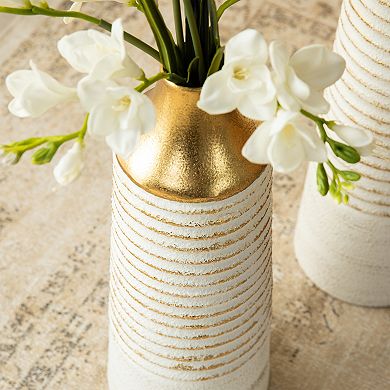 Glitzhome Set of 2 Modern White & Gold Stripes Metal Vases