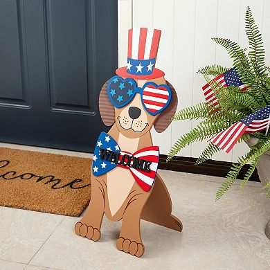 Glitzhome 30"H Patriotic Wooden Labrador- shape Easel Porch Decor
