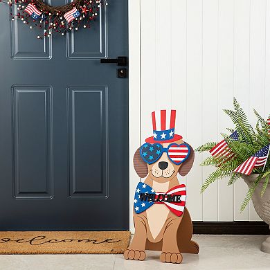 Glitzhome 30"H Patriotic Wooden Labrador- shape Easel Porch Decor