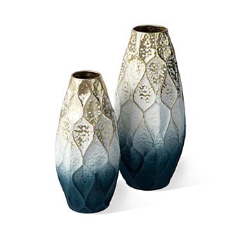 Glitzhome Set of 2 Abstract Ombre Blue and Gold Metal Vases