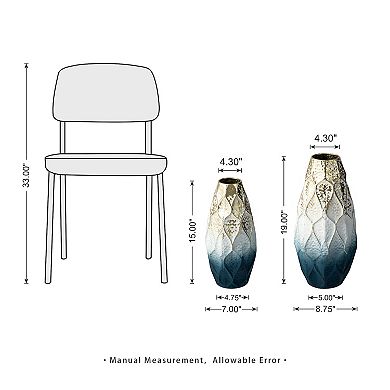 Glitzhome Set of 2 Abstract Ombre Blue and Gold Metal Vases