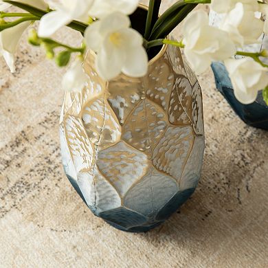 Glitzhome Set of 2 Abstract Ombre Blue and Gold Metal Vases