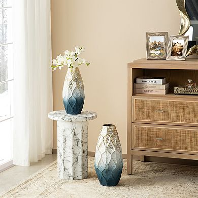 Glitzhome Set of 2 Abstract Ombre Blue and Gold Metal Vases
