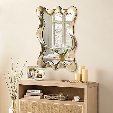 Glitzhome 34.25"H Rectangle Mirror, Wavy Wall Mirror with Gold Foil Metal Frame