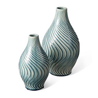 Glitzhome Set of 2 Modern Spiraling Artistry Turquoise Ceramic Table Vases