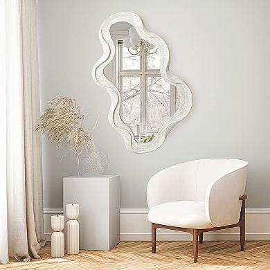 Glitzhome 31.75"H Irregular Mirror, Wavy Wall Mirror with Washed White Wood Frame