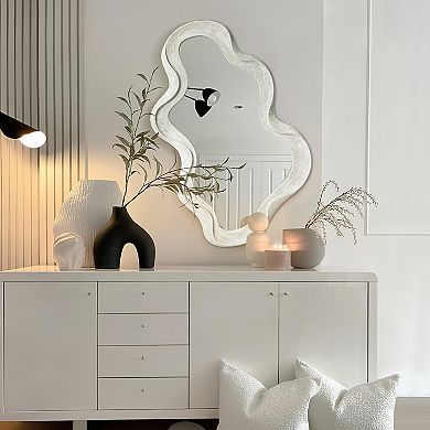 Glitzhome 31.75"H Irregular Mirror, Wavy Wall Mirror with Washed White Wood Frame