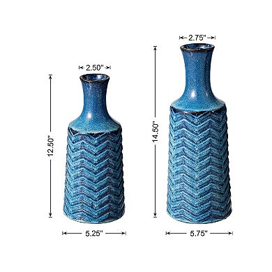 Glitzhome Set of 2 Modern Brilliant Blue Chevron Ceramic Table Vases