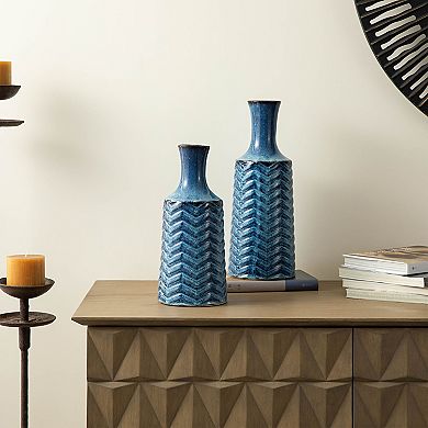 Glitzhome Set of 2 Modern Brilliant Blue Chevron Ceramic Table Vases