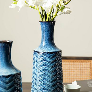 Glitzhome Set of 2 Modern Brilliant Blue Chevron Ceramic Table Vases