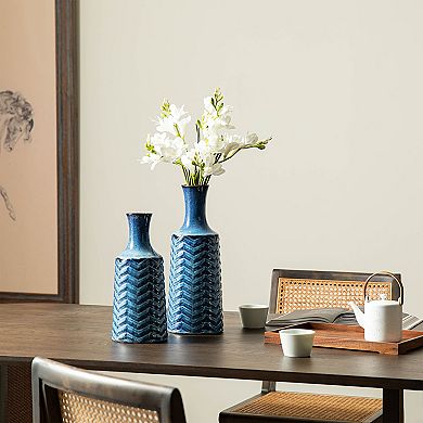 Glitzhome Set of 2 Modern Brilliant Blue Chevron Ceramic Table Vases
