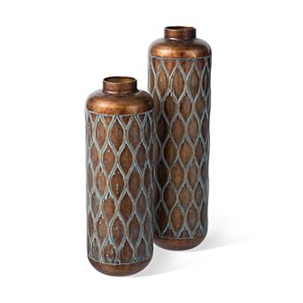 Glitzhome Set of 2 Metal Antique Gold Cylinder Floor Vases With Verdigris Finish